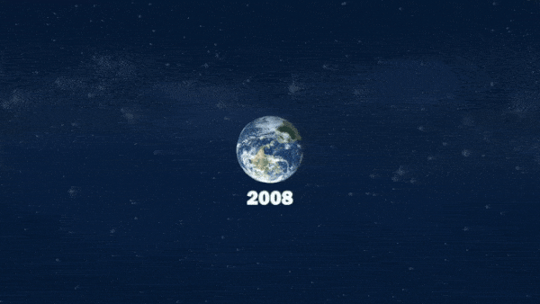An animated gif depicting the number of tracked objects in orbit in 2008 was 9,500. Today, that number exceeds 47,000—and rising.